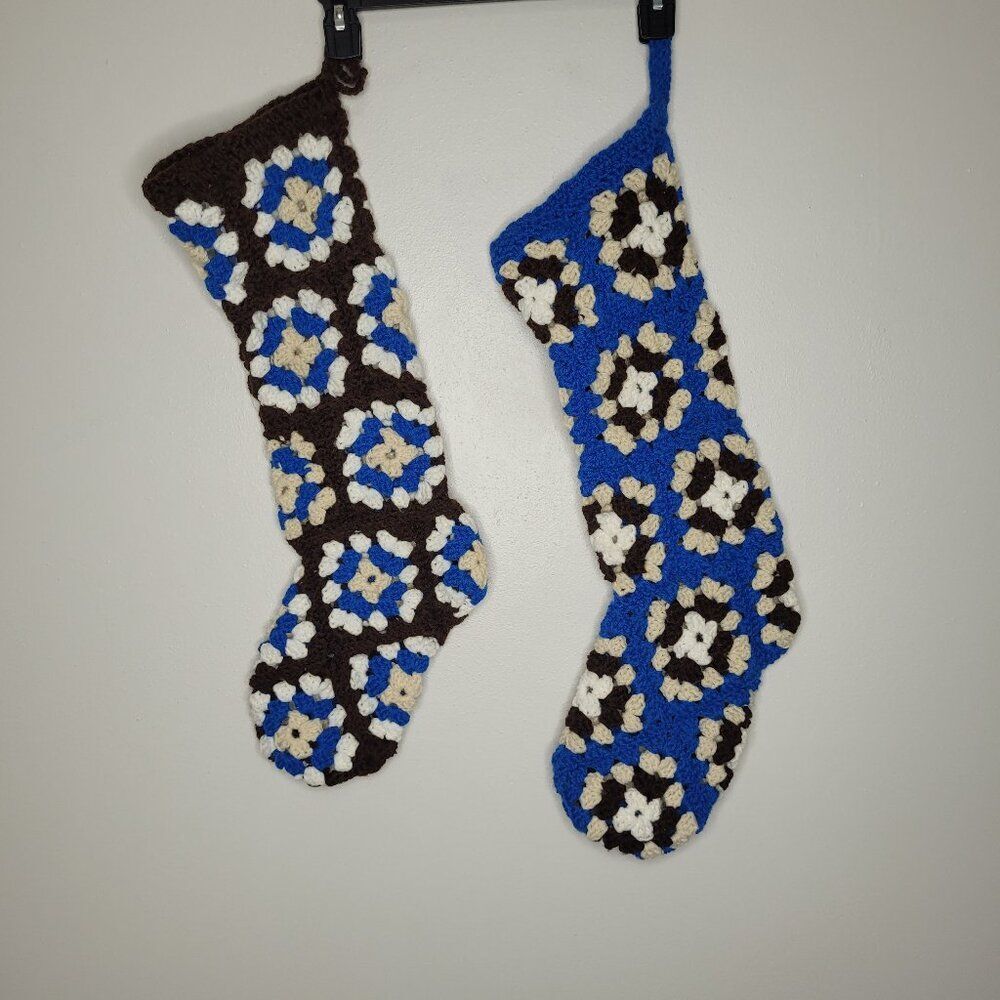 Handmade crochet blue brown granny stocking set holiday Christmas
